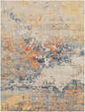 Close-up of the Landen Area Rug, a machine-woven rug with aqua, cream, orange, and navy abstract patterns. Design-Rectangle-537
