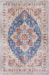 Detailed Kapaa Blue Medallion Rug showing traditional farmhouse style with beige, blue, orange, and burgundy floral patterns. Design-Rectangle-576