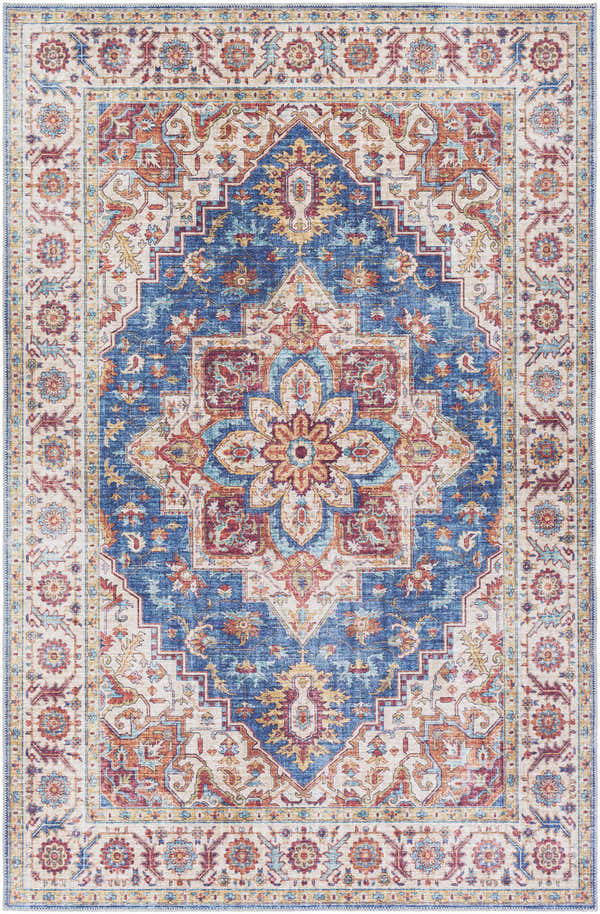 Detailed Kapaa Blue Medallion Rug showing traditional farmhouse style with beige, blue, orange, and burgundy floral patterns. Design-Rectangle-576