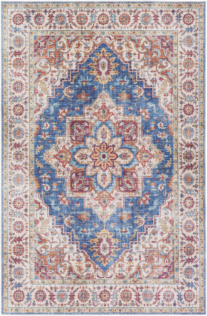 Detailed Kapaa Blue Medallion Rug showing traditional farmhouse style with beige, blue, orange, and burgundy floral patterns. Design-Rectangle-576