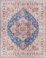 Detailed Kapaa Blue Medallion Rug with beige, burgundy, orange, and blue floral pattern. Traditional style. Design-Rectangle-7696