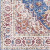 Close-up of Kapaa Blue Medallion Rug showing beige, blue, burgundy, and orange floral traditional pattern. Machine woven texture. Swatch