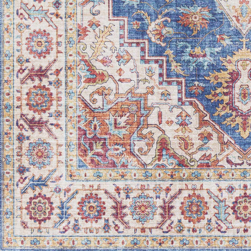 Close-up of Kapaa Blue Medallion Rug showing beige, blue, burgundy, and orange floral traditional pattern. Machine woven texture. Swatch