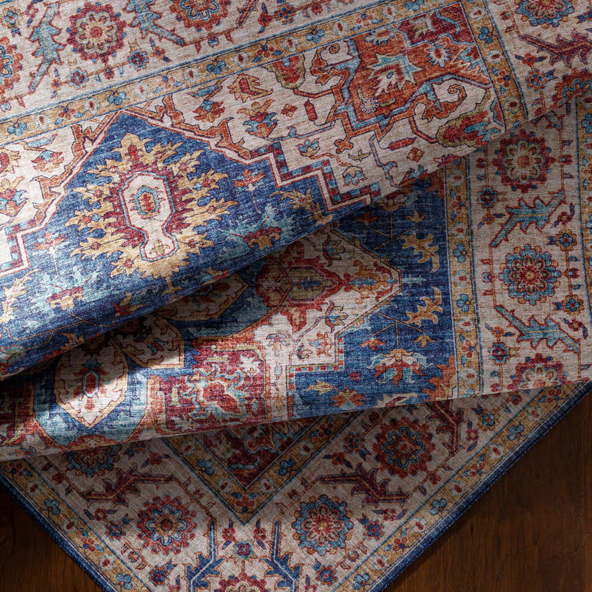Close-up of the Kapaa Blue Medallion Rug, showcasing its beige, blue, and burnt orange traditional pattern and machine-woven texture. Fold