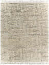 Close-up of the Longstanton Area Rug. Cream shag rug with a geometric black and gray maze pattern and fringe. Design-Rectangle-810