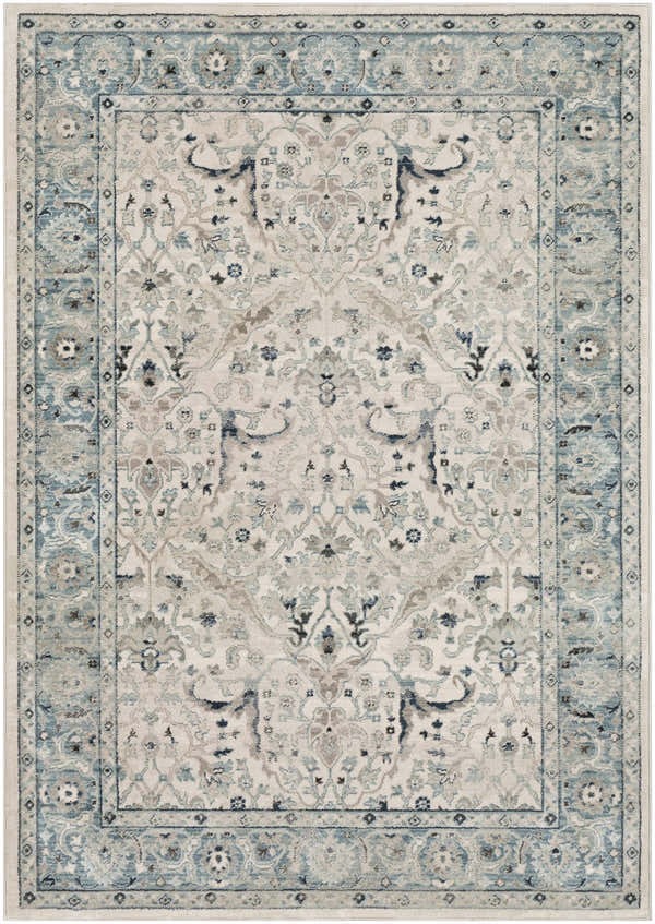 Close-up of the Leonard Area Rug - Clearance. Traditional design in oatmeal, blue, and gray tones with a vintage, oriental pattern. Design-Rectangle-5174