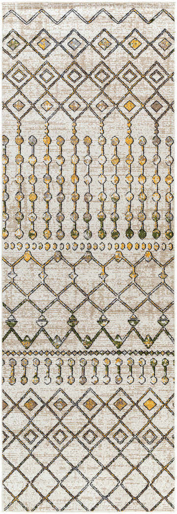 Close-up of the Alanyurt Washable Area Rug. Moroccan-style rug in light beige, gray, mustard, and sage with geometric patterns. Design-Runner-2773