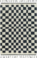 Hand woven Uttam Area Rug with a black and light silver checkerboard pattern and decorative tassels. Design-Rectangle-576