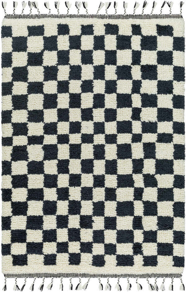 Hand woven Uttam Area Rug with a black and light silver checkerboard pattern and decorative tassels. Design-Rectangle-576