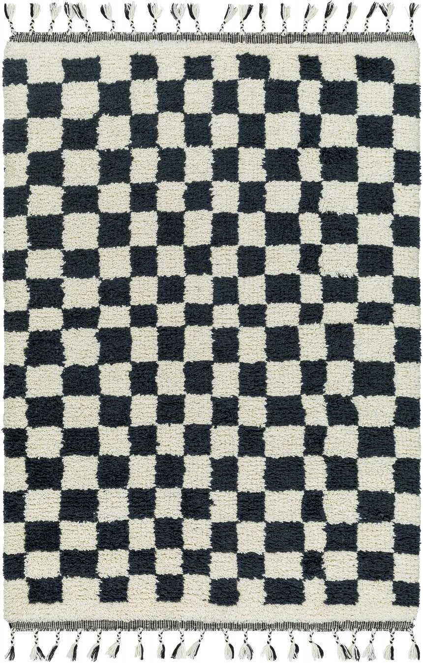 Hand woven Uttam Area Rug with a black and light silver checkerboard pattern and decorative tassels. Design-Rectangle-576