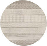 Close-up of a round Lone Beige Tufted Maroc Wool Rug featuring a striped bohemian pattern in beige, gray, and brown tones. Design-Round-6