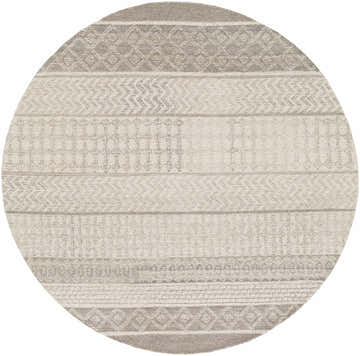 Close-up of a round Lone Beige Tufted Maroc Wool Rug featuring a striped bohemian pattern in beige, gray, and brown tones. Design-Round-6