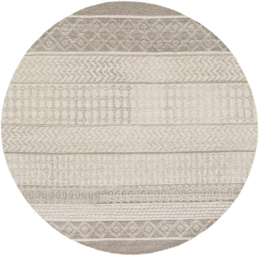 Close-up of a round Lone Beige Tufted Maroc Wool Rug featuring a striped bohemian pattern in beige, gray, and brown tones. Design-Round-6