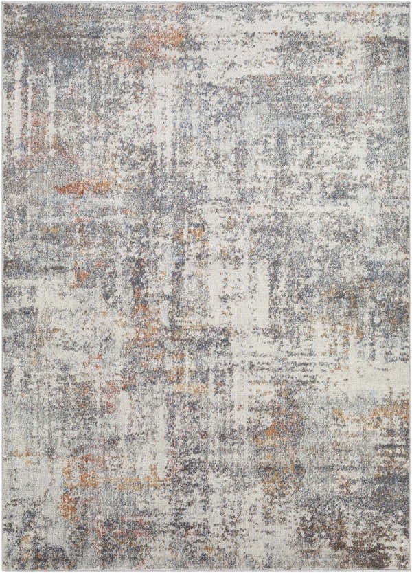 Close-up of the contemporary Lobong Area Rug (Bilbao). Features a distressed pattern in shades of gray, white, and orange. Design-Rectangle-537