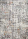 Close-up of the contemporary Lobong Area Rug (Bilbao). Features a distressed pattern in shades of gray, white, and orange. Design-Rectangle-537
