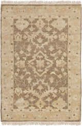 Close-up of the Lochmaben Premium Wool Rug. Hand-knotted rug in light brown and tan with a traditional floral pattern and fringe. Design-Rectangle-23
