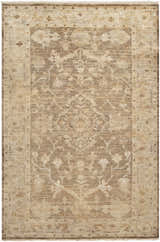 Close-up of the Lochmaben Premium Wool Rug. Hand-knotted rug in charcoal, ivory, and light brown with a traditional floral pattern. Design-Rectangle-5686