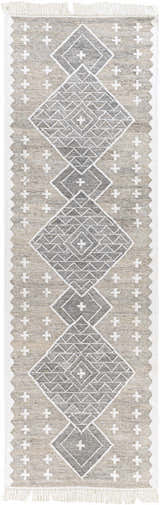 Close-up of the Lodwar Area Rug. Hand-woven rug with charcoal, cream, and gray diamond pattern and fringe. Design-Runner-268