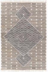 Hand woven Lodwar Area Rug. Bohemian style rug with charcoal, cream and gray diamond pattern and fringe. Design-Rectangle-576