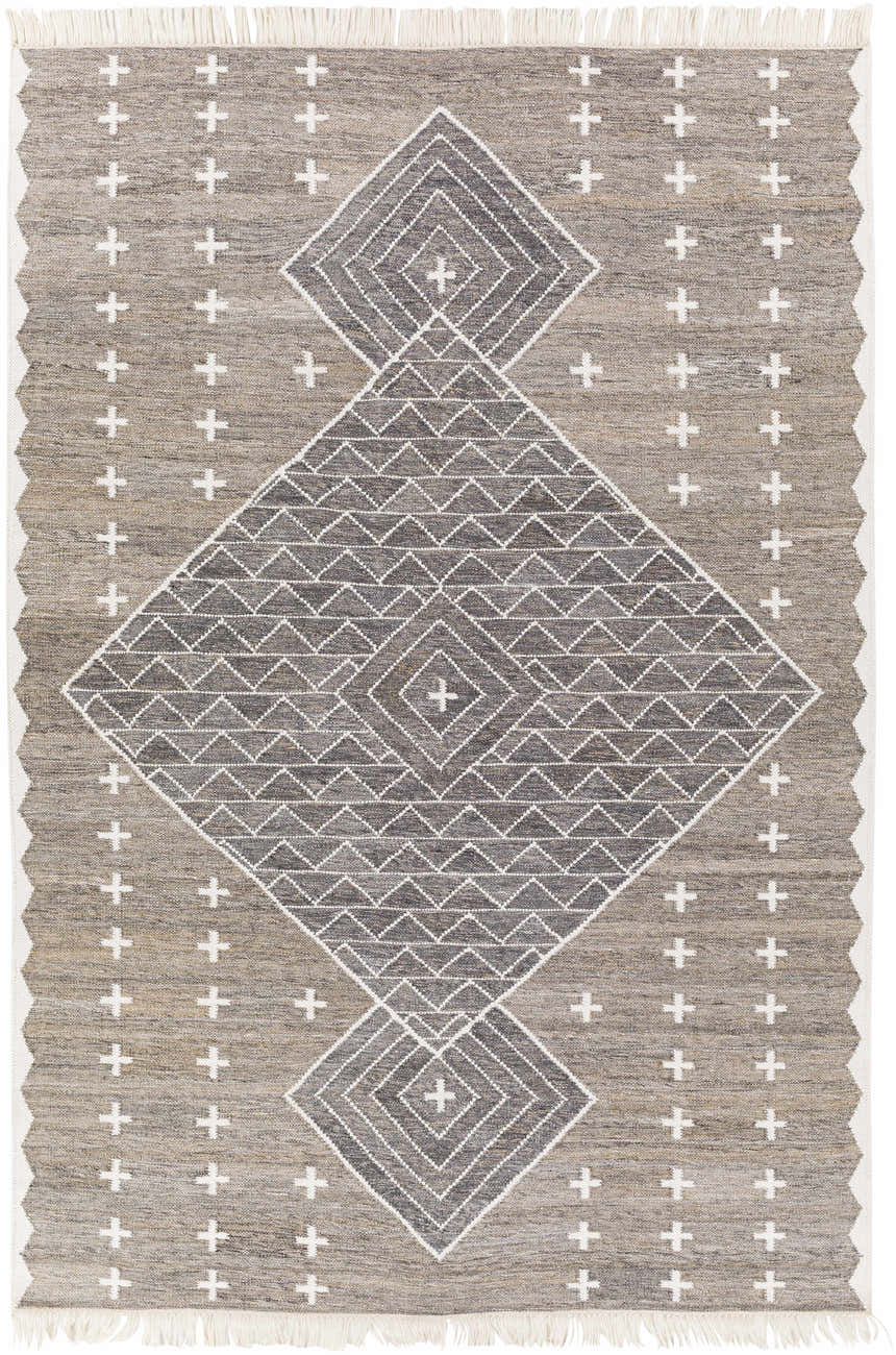 Hand woven Lodwar Area Rug. Bohemian style rug with charcoal, cream and gray diamond pattern and fringe. Design-Rectangle-576