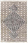 Hand woven Lodwar Area Rug. Bohemian style rug with charcoal, cream and gray diamond pattern and fringe. Design-Rectangle-576