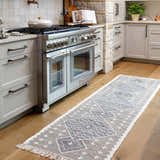 Kitchen scene with gray cabinets, stainless steel oven, and Lodwar Area Rug runner with geometric design. Roomscene-Runner