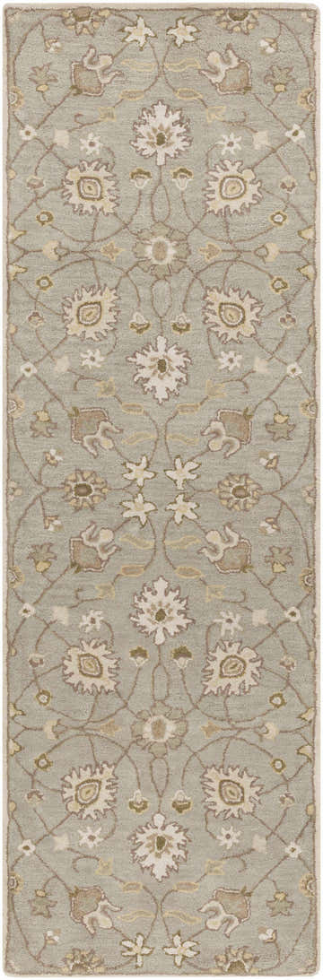 Close-up of the Logville Hand Tufted Light Olive 1121 Area Rug. Features a floral pattern in gray, ivory, and olive tones. Design-Runner-268