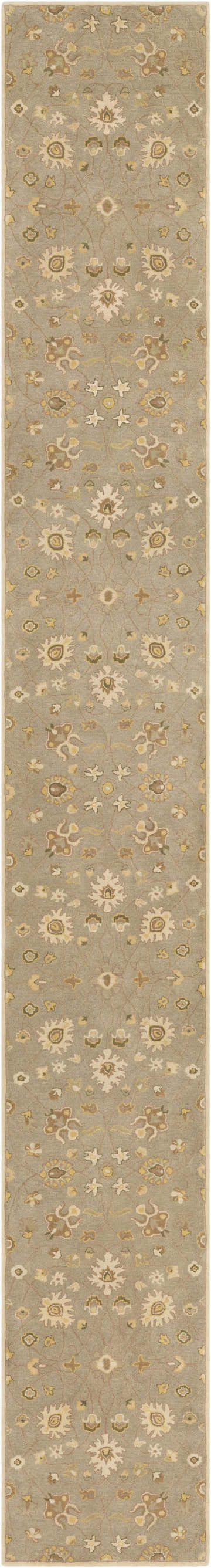 Close-up of the Logville Hand Tufted Light Olive 1121 Area Rug. Wool rug with olive, ivory, and mustard floral pattern. Design-Runner