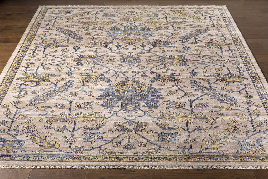 Hand knotted Loleta Area Rug in beige, charcoal, and dusty pink with a traditional oriental pattern. Front