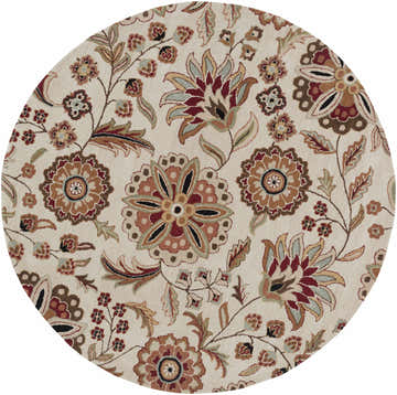 Close-up of the round Longford Beige Floral rug. Hand-tufted wool rug with a traditional floral pattern in burgundy, brown, and olive tones. Design-Round-6