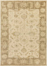 Close-up of the hand-knotted Longisland Clearance Rug. Features traditional floral patterns in ice blue, light beige, and wheat tones. Design-Rectangle-811
