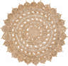 Close-up of the hand woven Longville Round Jute Rug. Natural jute and tan colors with a decorative circular pattern. Design-Round-3