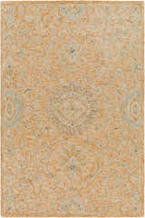 Detailed floral pattern of the Lonoy 2x3 Coral Wool Carpet. Brick red, cream, and blue hues. Hand-tufted texture. Design-Rectangle-576