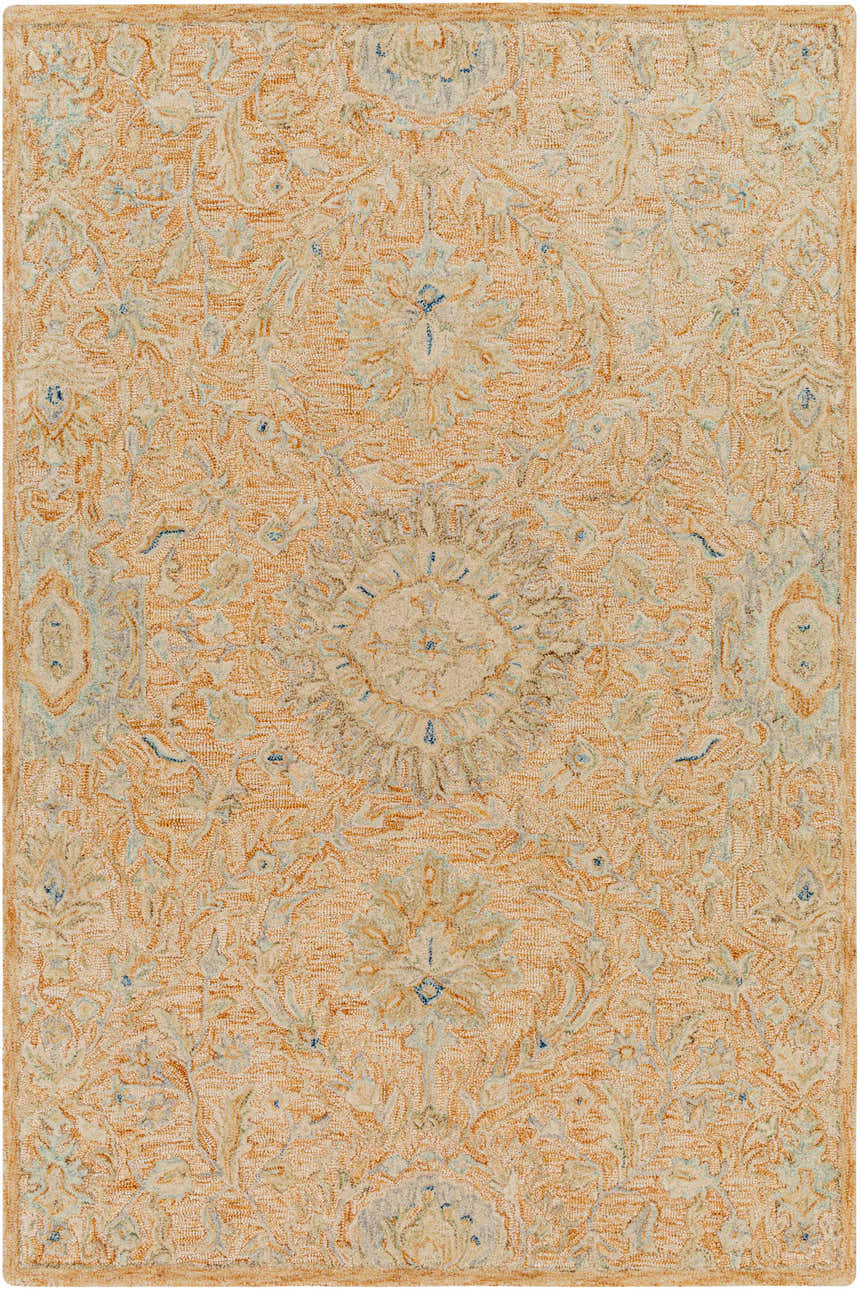 Detailed floral pattern of the Lonoy 2x3 Coral Wool Carpet. Brick red, cream, and blue hues. Hand-tufted texture. Design-Rectangle-576