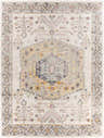 Close-up of the Loranger Area Rug. Beige rug with traditional, oriental-inspired design in blue, yellow, and rust colors. Design-Rectangle-710103