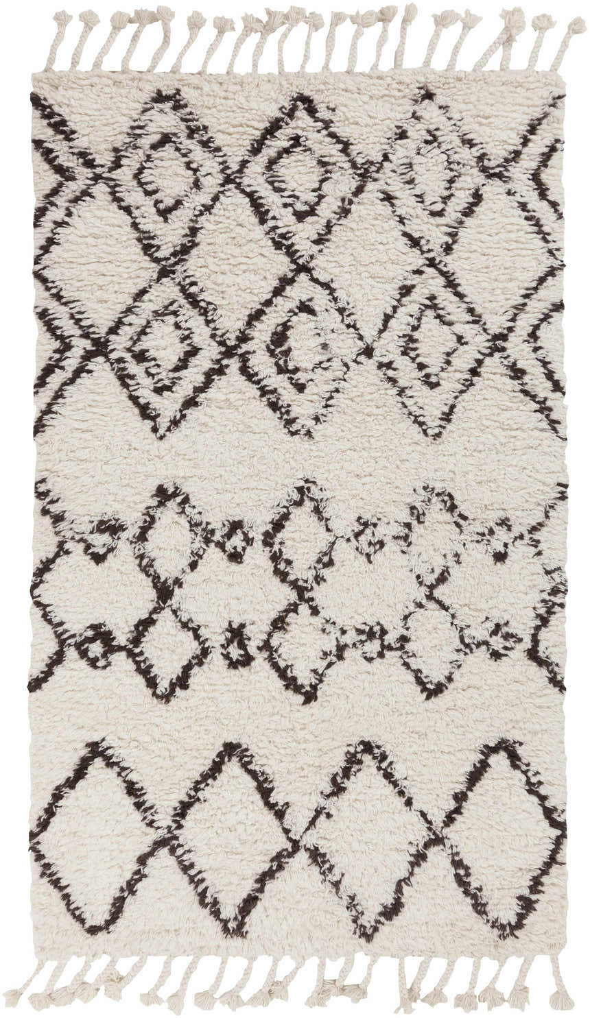 Close-up of the Lothian Area Rug. Charcoal diamond pattern on ivory wool with tassels. Bohemian style. Design-Rectangle-576