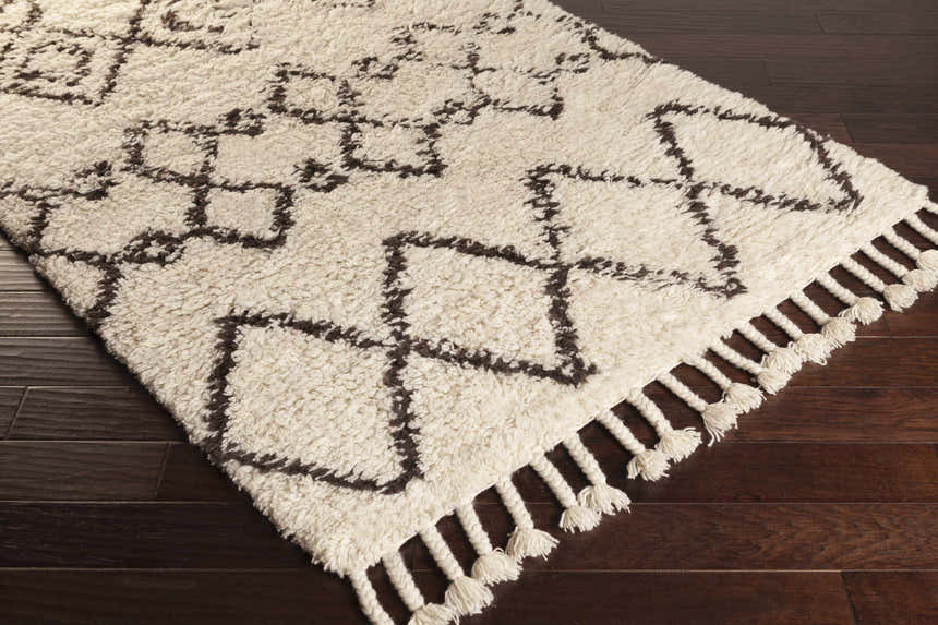 Close-up of the Lothian Area Rug. Ivory shag rug with charcoal geometric pattern and tassels on dark wood floor. Corner