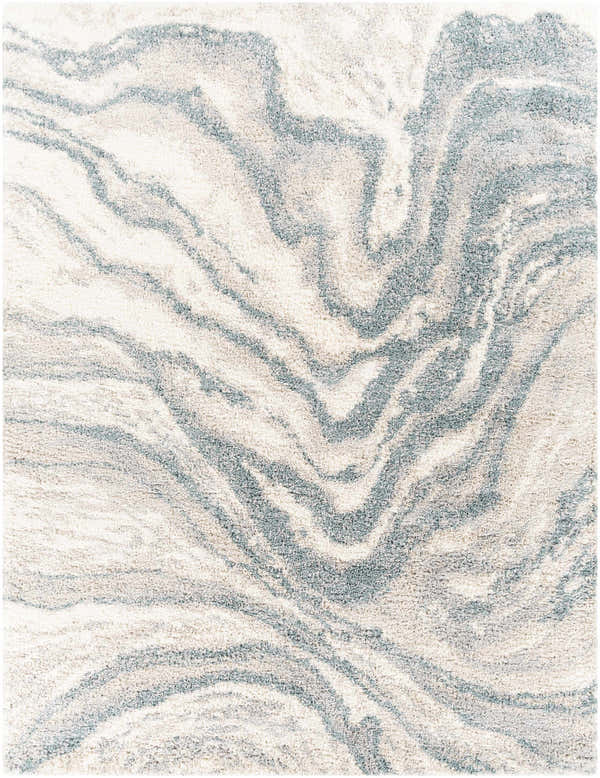 Close-up of the Lottery Area Rug featuring a contemporary shag design in blue, cream, beige, and gray. Design-Rectangle-71010