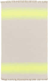 Close-up of the Louise Area Rug. Hand-woven rug with seafoam and yellow stripes and fringed edges. Design-Rectangle-58