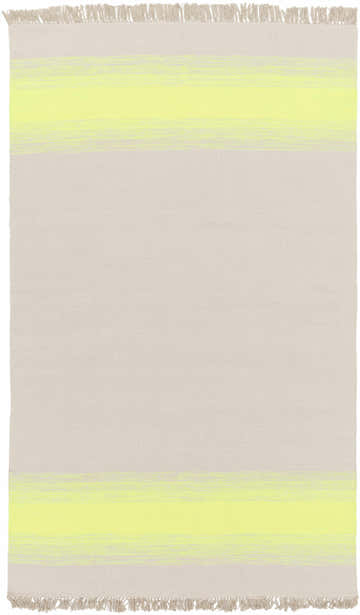 Close-up of the Louise Area Rug. Hand-woven rug with seafoam and yellow stripes and fringed edges. Design-Rectangle-58