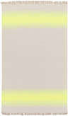 Close-up of the Louise Area Rug. Hand-woven rug with seafoam and yellow stripes and fringed edges. Design-Rectangle-58
