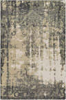 Close-up of the Lovejoy Carpet, a hand-knotted wool rug in dusty sage, gray, ivory, and navy with a distressed traditional pattern. Design-Rectangle-69