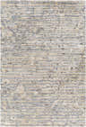 Close-up of the hand-knotted Lowdham Premium Rug. Contemporary design in cream, beige, gray, taupe, and black viscose. Design-Rectangle-69