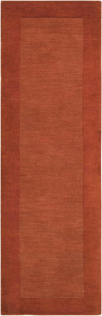 Close-up of a Bordered Solid Brick Red Wool Rug with a simple, contemporary design and subtle texture. Design-Runner-268