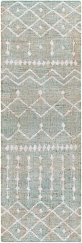 Close-up of the Lowville Jute Rug. Hand-woven rug with dusty sage and ivory geometric pattern. Bohemian style. Design-Runner-268