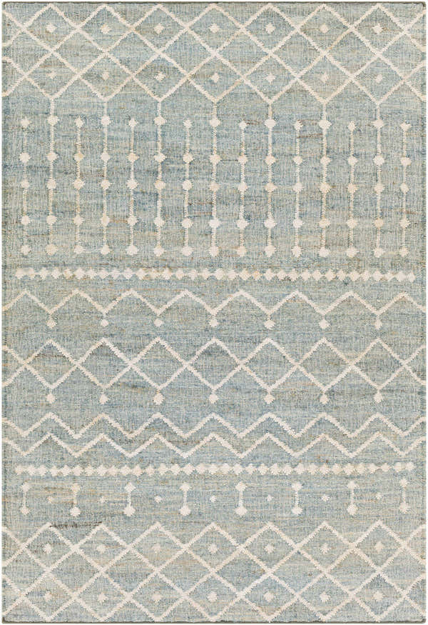 Close-up of the Lowville Jute Rug. Hand-woven rug in dusty sage with ivory geometric diamond and dotted line patterns. Design-Rectangle-576