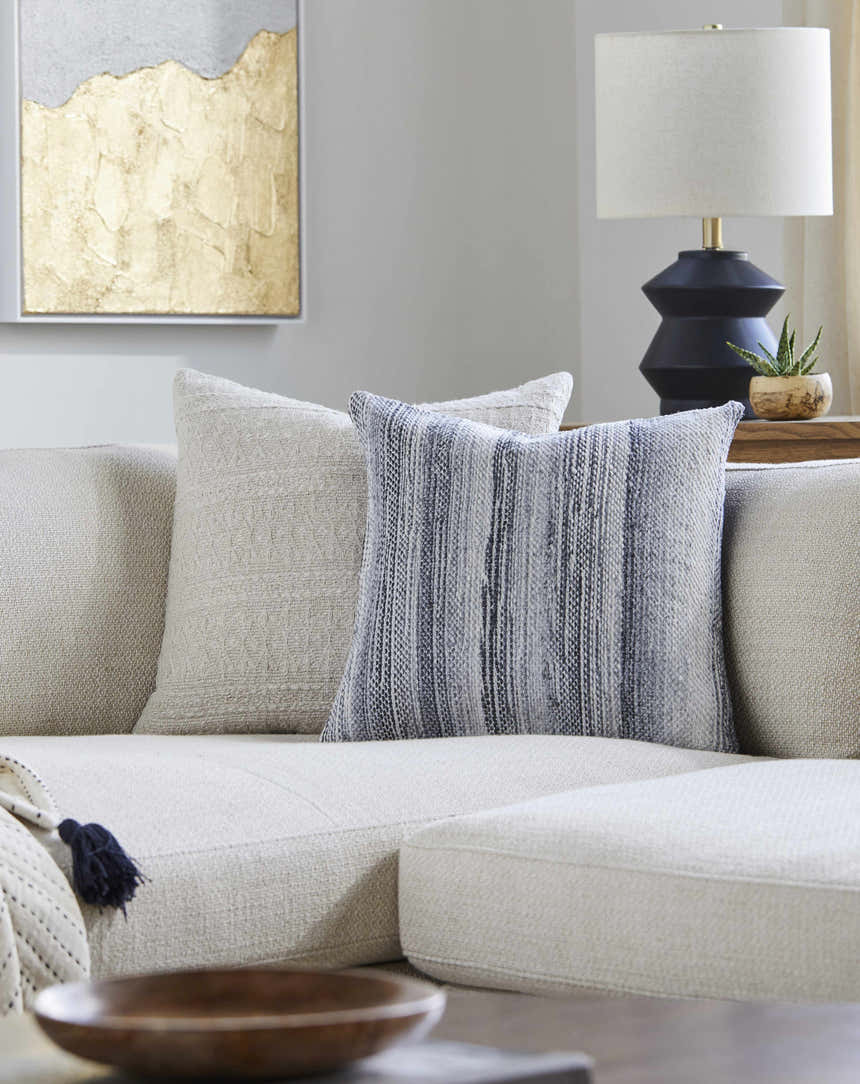 Stonel Light Gray and Off White Woven Stripe Cottage Farmhouse Recycled PET Outdoor Accent Pillow