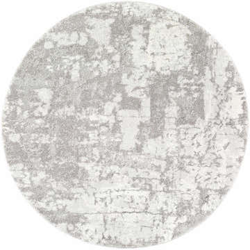 Close-up of round Elsa Area Rug. Contemporary design in shades of gray, light gray, ivory, and medium gray. Design-Round-53