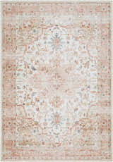 Close-up of the Lotan Pink Medallion Washable Area Rug, featuring light gray, sterling gray, and tan colors. Farmhouse style. Design-Rectangle-576