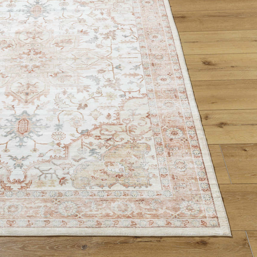 Close-up of the Lotan Pink Medallion Washable Area Rug, featuring a traditional light gray, tan, and sterling gray design. Front